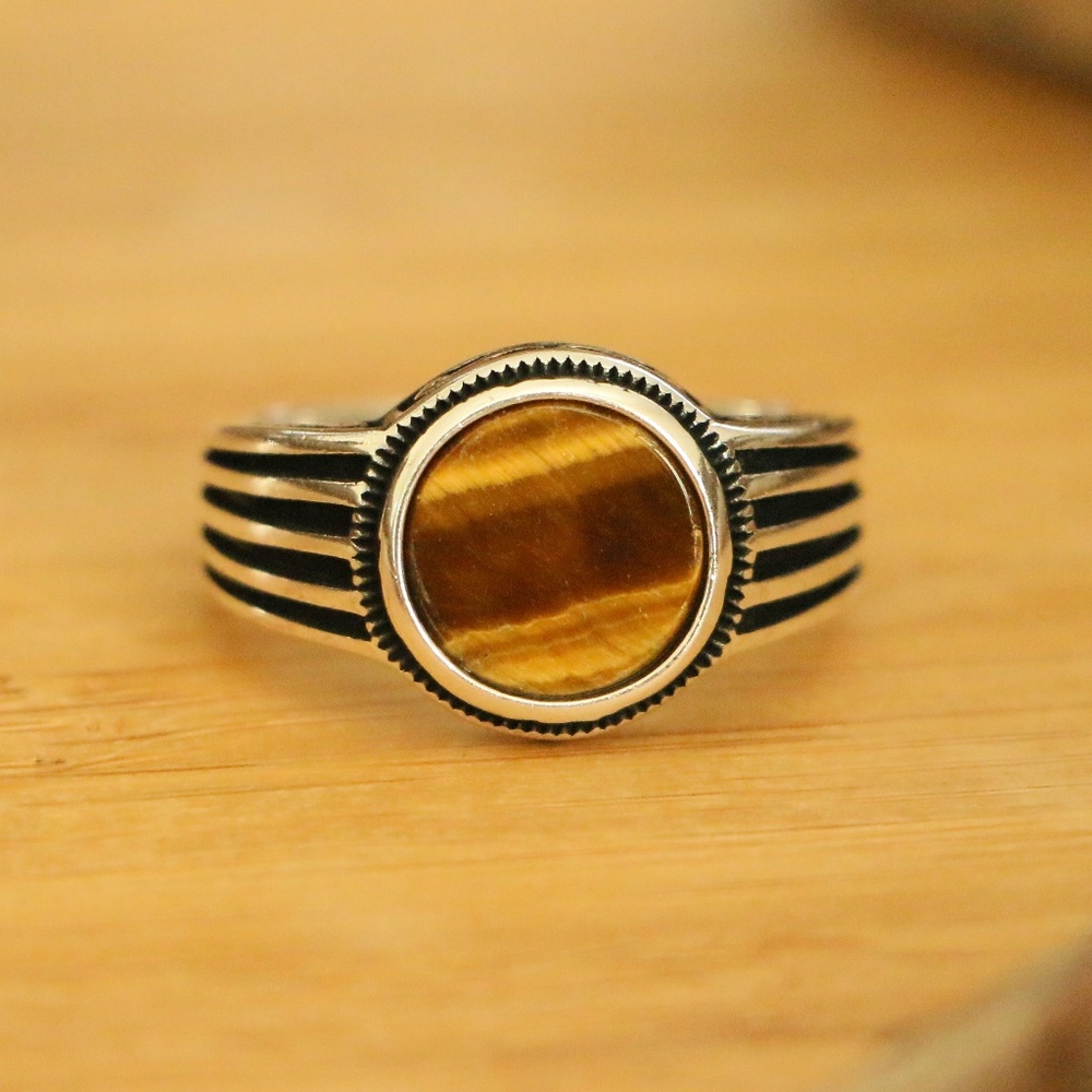 925 Sterling Silver Men's Rings Tiger Eye Stone